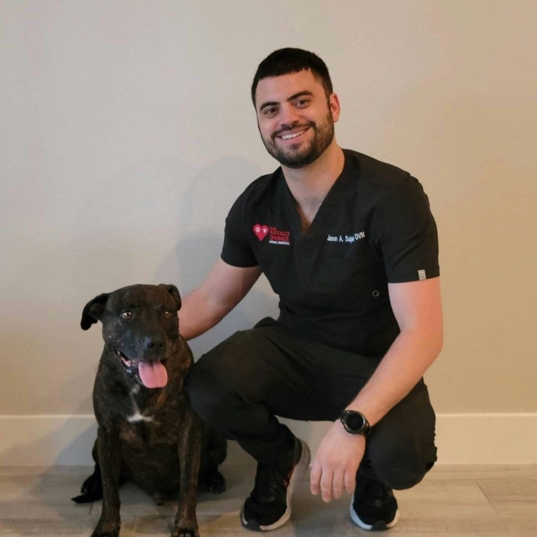 Dr. Jason Salpietra smiling beside a dog